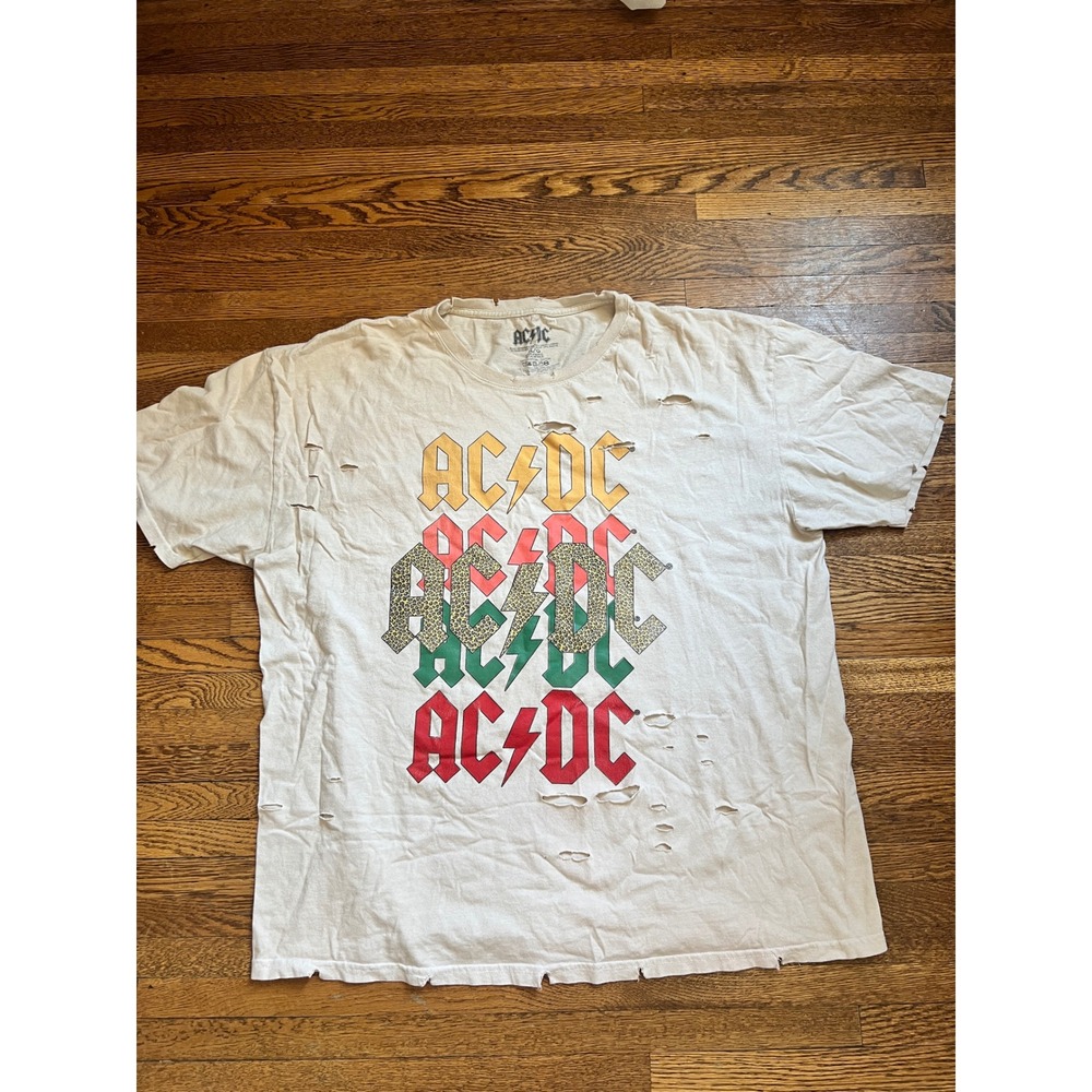 AC/DC Thrashed Distressed Graphic T-Shirt‎ XL Cream Leopard Print Rock Band Tee